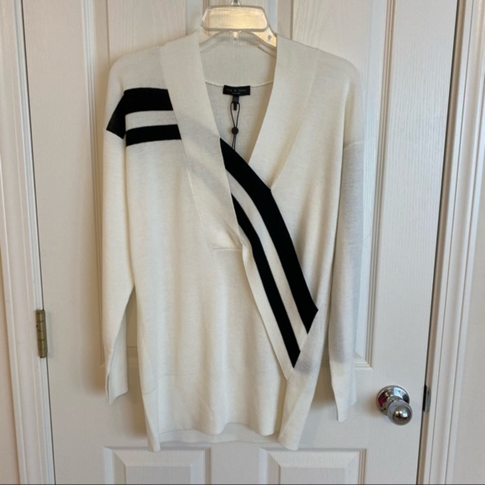 RAG & BONE Grace V-Neck Sweater in White Black XXS - Picture 3 of 11